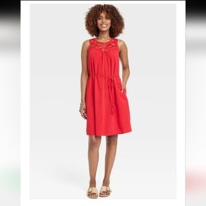 Knox Rose Berry Red A-Line Dress Sleeveless Crochet Bodice Pockets Sz LG NWT